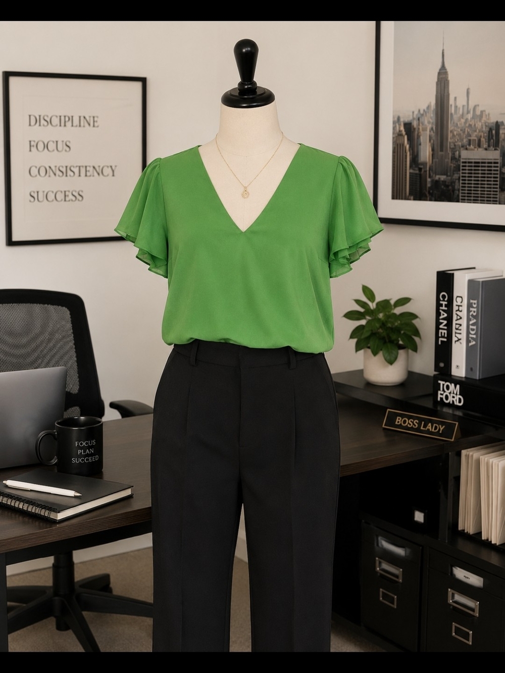 Vince Camuto Green V-Neck Flutter Sleeve Blouse